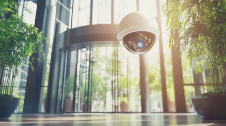 A modern surveillance camera hangs in a bright indoor space surrounded by greenery, representing advanced security technology and indoor design aesthetics.の素材