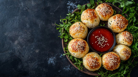 Indulge in these freshly baked savory buns topped with sesame seeds, served alongside a rich tomato sauce dip. Perfect for snacking or appetizers.の素材