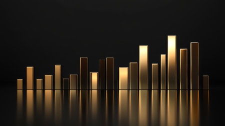 A sleek and modern gold bar graph reflecting on a dark surface provides a sophisticated look at financial or statistical data analysis, ideal for business presentations.の素材