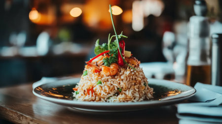 Enjoy a beautifully presented serving of shrimp fried rice, topped with vibrant vegetables and herbs, perfect for any meal or dining occasion.の素材