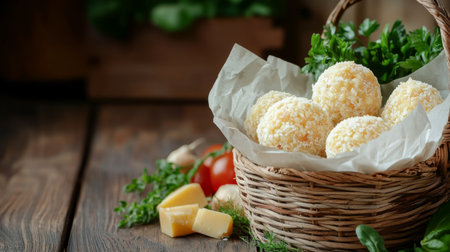 A rustic basket holds fresh cheese balls surrounded by herbs and vegetables. Perfect for culinary presentations, this image highlights textures and natural ingredients.の素材