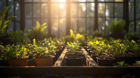 A serene greenhouse scene filled with young plants basking in warm sunlight. This tranquil environment showcases vibrant greenery and nurturing growth.の素材
