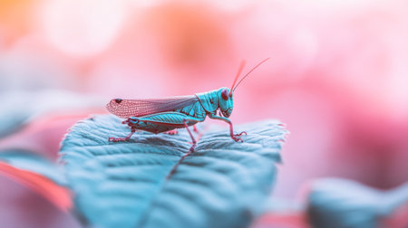 A striking grasshopper resting on a green leaf, showcasing vivid colors and intricate details. This captivating insect embodies the beauty of outdoor nature.の素材
