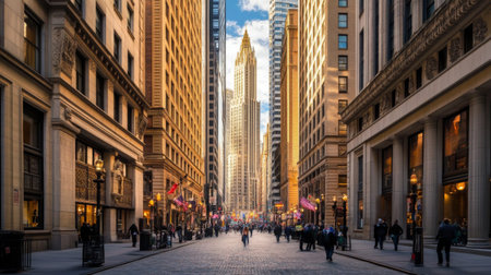 A captivating urban scene featuring a busy street lined with skyscrapers, showcasing the dynamic city life. Ideal for travel or architecture themes.の素材