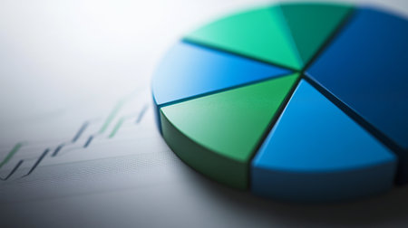 A vibrant pie chart displayed on a subtle financial graph background, ideal for illustrating data insights and business performance.の素材