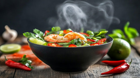 A steaming bowl of fresh shrimp soup filled with vibrant vegetables and aromatic herbs. Perfect for a cozy meal or elegant dinner.の素材