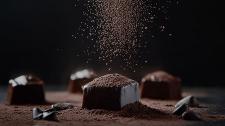 A stunning close-up of a rich chocolate dessert surrounded by cocoa powder, with a sprinkle effect creating an enticing visual on a dark background.の素材