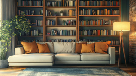 A cozy living room featuring a modern white couch adorned with orange pillows, complemented by a grand bookshelf filled with colorful books, enhancing the inviting atmosphere.の素材