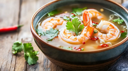 A vibrant bowl of fresh shrimp soup garnished with herbs and spices, showcasing a delightful and hearty meal perfect for seafood lovers. Ideal for food photography.の素材