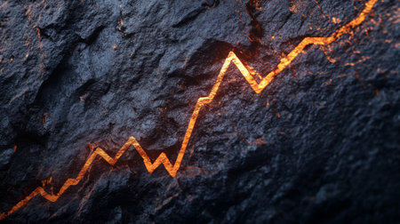 This image features a dynamic upward trend line in an orange hue against a dark rocky background, symbolizing growth and financial success in various industries.の素材
