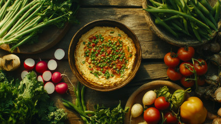 A vibrant assortment of fresh vegetables and a creamy dip showcased on a rustic wooden table, perfect for healthy snacking and brightening meals.の素材