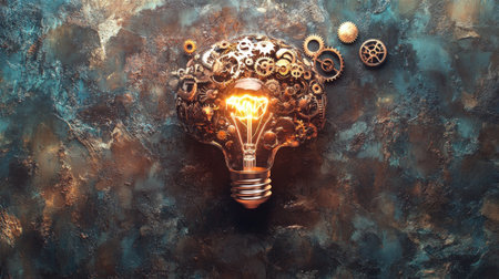 A visually striking light bulb created from gears and cogs representing innovation and creativity. This artwork combines technology and artistry in a unique display.の素材