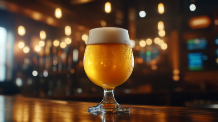 A refreshing glass of beer with a creamy foam sits on a wooden table in a cozy bar, showcasing the golden liquid's condensation and inviting ambiance.の素材