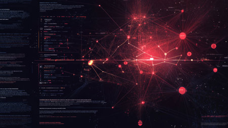 A visually striking abstract visualization showcasing a complex digital network with red and black elements, symbolizing data connections and technology innovations.の素材