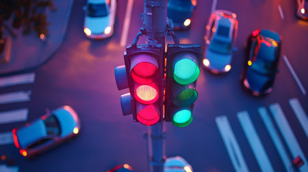 Aerial view of a busy urban intersection featuring traffic lights with red and green signals. Cars navigate the street as evening sets in, showcasing city life.の素材