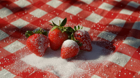 A vibrant arrangement of fresh strawberries dusted with sugar, set on a red checkered tablecloth. This image captures the essence of summer and sweet indulgence, perfect for culinary themes.の素材