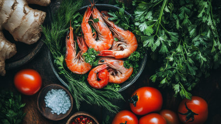 Colorful arrangement of fresh shrimp surrounded by vibrant herbs and vegetables on a rustic wooden table, illustrating culinary creativity and freshness.の素材