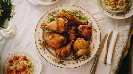 A mouthwatering display of golden fried chicken served on a decorative plate, surrounded by fresh lettuce and a side of rice, perfect for family gatherings.の素材