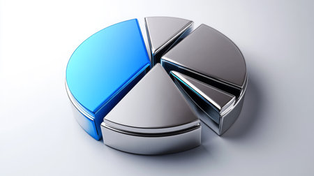 This image features a modern metallic pie chart with a striking blue segment, symbolizing data analysis and business insights, perfect for presentations.の素材