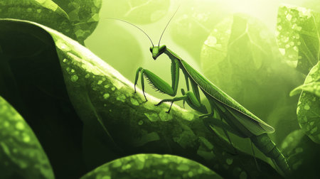 A stunning close-up of a vibrant green praying mantis perched on a leaf, surrounded by lush foliage. The image showcases intricate textures and soft natural light.の素材