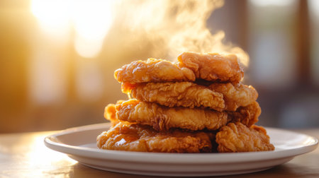 A tempting stack of golden fried chicken sits on a plate, steam rising in a warm sunset light. Perfect for showcasing comfort food or culinary delights.の素材