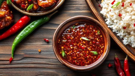 A vibrant closeup of spicy sauce with red and green chili peppers next to a bowl of white rice, showcasing flavorful ingredients perfect for any meal.の素材