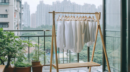 A serene scene of freshly laundered white clothes hanging on a modern drying rack, set against a lush urban backdrop. Perfect for lifestyle themes.の素材