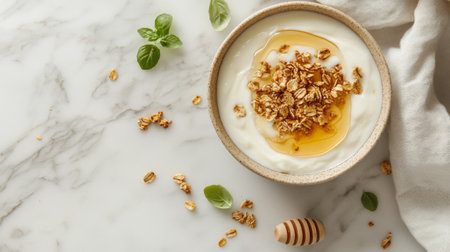 A beautiful yogurt bowl topped with golden honey and crunchy granola. Set against a light marble background, this dish represents healthy eating and delicious flavors.の素材