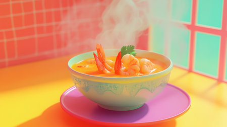 A vibrant bowl of shrimp soup filled with fresh ingredients, garnished with herbs. Steam rises above this delicious dish, set against a colorful backdrop.の素材