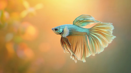 A vibrant betta fish swims gracefully in a softly lit underwater scene. This colorful aquatic creature showcases its beautiful fins and textures.の素材