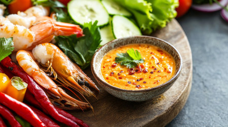 A vibrant arrangement of fresh seafood, colorful vegetables, and a spicy dipping sauce makes for an enticing culinary presentation ideal for food lovers.の素材