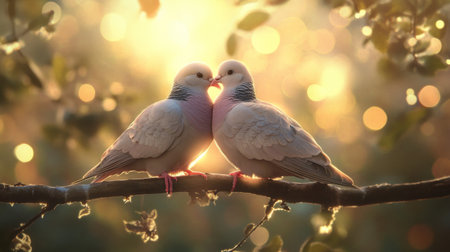 Two beautiful doves share a tender moment on a branch, surrounded by soft bokeh lights and warm sunlight. This serene scene captures pure love and tranquility in nature.の素材
