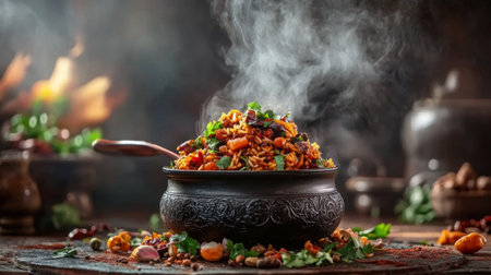 Delight in the enticing aroma of a vibrant spiced rice dish, garnished with fresh herbs. A warm, inviting meal perfect for any culinary occasion.の素材