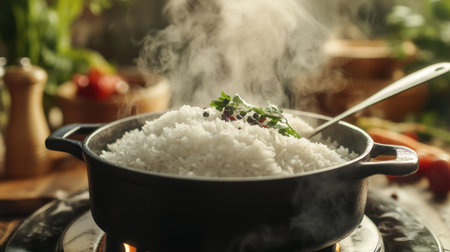 A steaming pot of freshly cooked rice sits on a stove in a rustic kitchen, with aromatic herbs garnishing the dish, creating a cozy and inviting atmosphere.の素材