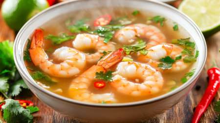 A vibrant bowl of fresh shrimp soup featuring aromatic herbs and spices, garnished with cilantro and lime, offering a delicious and healthy dining experience.の素材