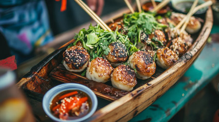 A vibrant wooden platter filled with grilled skewers garnished with fresh herbs. Perfect for outdoor gatherings, this dish showcases delicious flavors and tempting presentation.の素材