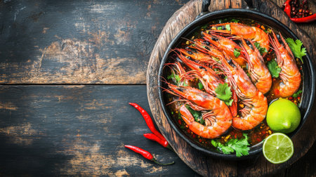 Discover a flavorful dish featuring grilled shrimp with herbs and lime. This vibrant presentation on a rustic wooden table invites culinary exploration.の素材