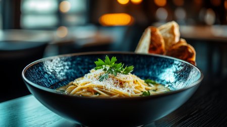 A beautifully plated pasta dish featuring spaghetti topped with cheese and fresh herbs, served in an elegant black bowl. Perfect for restaurant settings.の素材