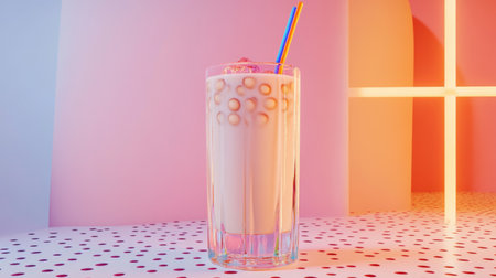 A refreshing creamy drink served in a stylish glass, adorned with colorful straws. Ideal for summer parties and vibrant gatherings, this beverage offers a delightful visual appeal.の素材