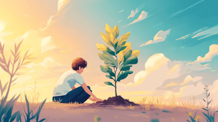 A young child kneels in a field, planting a sapling under a bright sky. The scene captures the essence of nurturing nature and caring for the environment.の素材