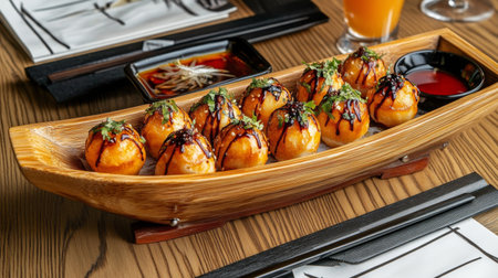 A vibrant presentation of delicious dumplings served in a unique wooden plate, garnished with herbs and paired with flavorful dipping sauces, perfect for food lovers.の素材