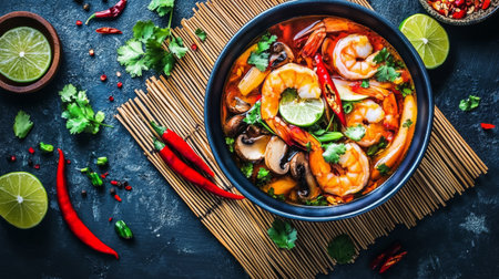 A vibrant bowl of spicy seafood soup featuring shrimp, lime, and fresh herbs, beautifully arranged with chili and cilantro for a flavorful meal.の素材
