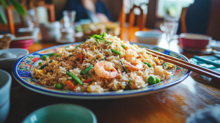 A vibrant close-up of a fried rice dish featuring shrimp and mixed vegetables, beautifully arranged on a decorative plate, inviting a delicious dining experience.の素材