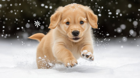 A golden retriever puppy gleefully runs through the fresh snow, displaying pure joy and energy. This adorable scene captures the essence of winter fun.の素材