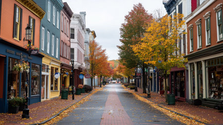 A picturesque autumn street in a historic town, lined with colorful trees and charming architecture. The scene captures the tranquil beauty of fall.の素材