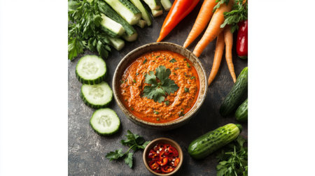 A vibrant array of fresh vegetables surrounds a rustic bowl of spicy dip. Perfect for sharing at gatherings or enjoying as a healthy snack.の素材