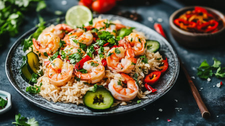 A vibrant dish featuring fresh shrimp atop flavorful rice, garnished with vegetables, herbs, and lime. Perfect for a delicious meal or gathering.の素材