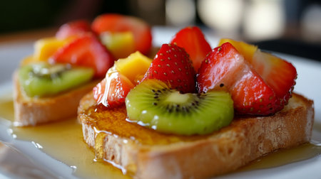 Enjoy a delightful plate of French toast topped with vibrant fruit, including strawberries, kiwi, and mango, drizzled with syrup for a sweet touch.の素材