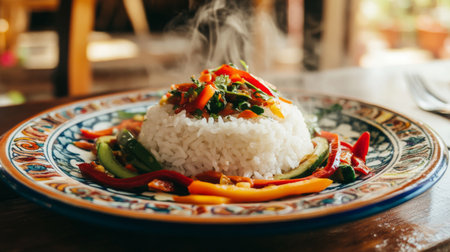 A steaming plate of rice topped with a vibrant mix of fresh vegetables and aromatic herbs, perfect for a healthy meal. Ideal for food lovers.の素材