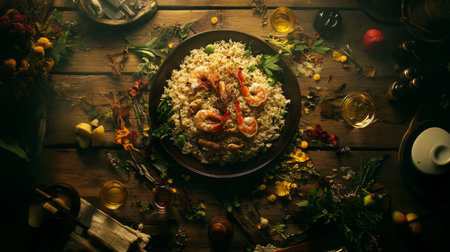 A stunning seafood rice dish featuring shrimp and fresh herbs, beautifully arranged on a rustic wooden table. Ideal for culinary inspiration and food presentations.の素材